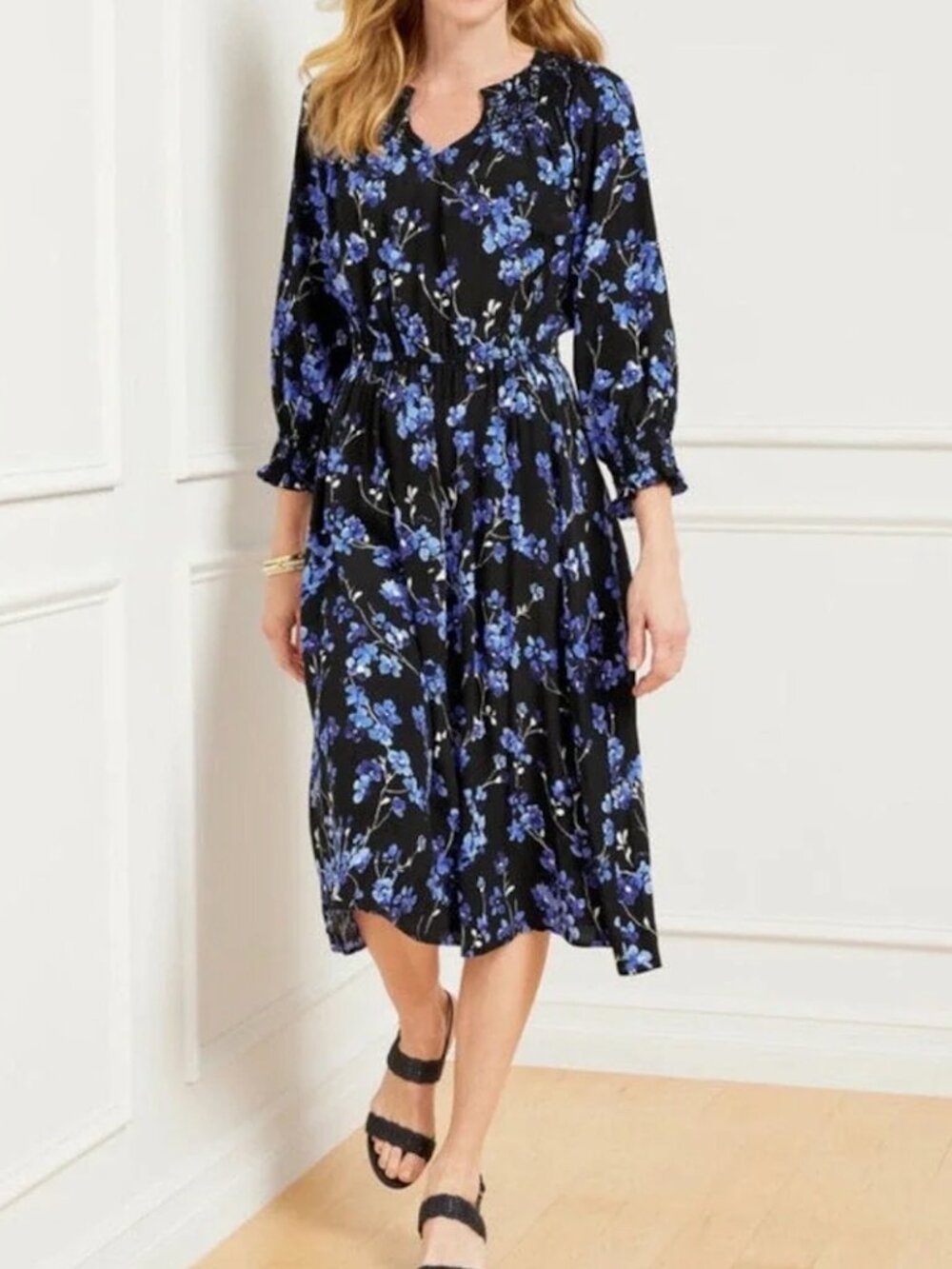 Talbots Black Dress with Blue Floral Print - Long Sleeve MIDI